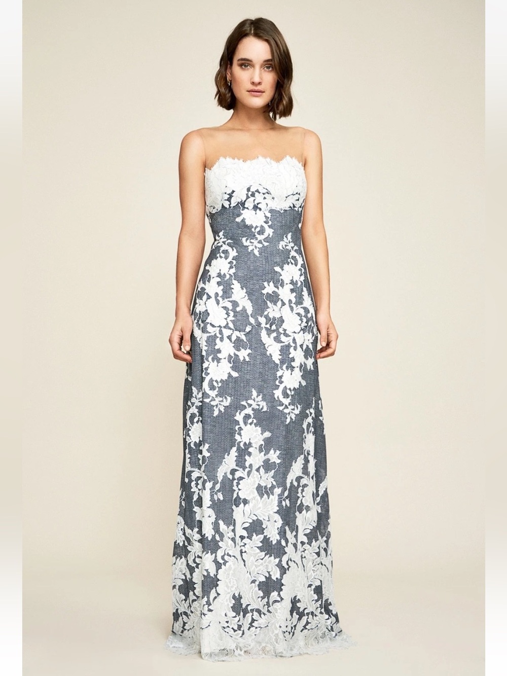 Tadashi Shoji Illusion Neck Embroidered Gown with Contrast Lace Sz 2P